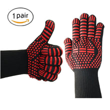 Load image into Gallery viewer, Heat Resistant Gloves with Red Non-Slip Silicone Grip BBQ Grilling Cooking Gloves 932℉Kitchen Oven Mitts Gloves with Fingers